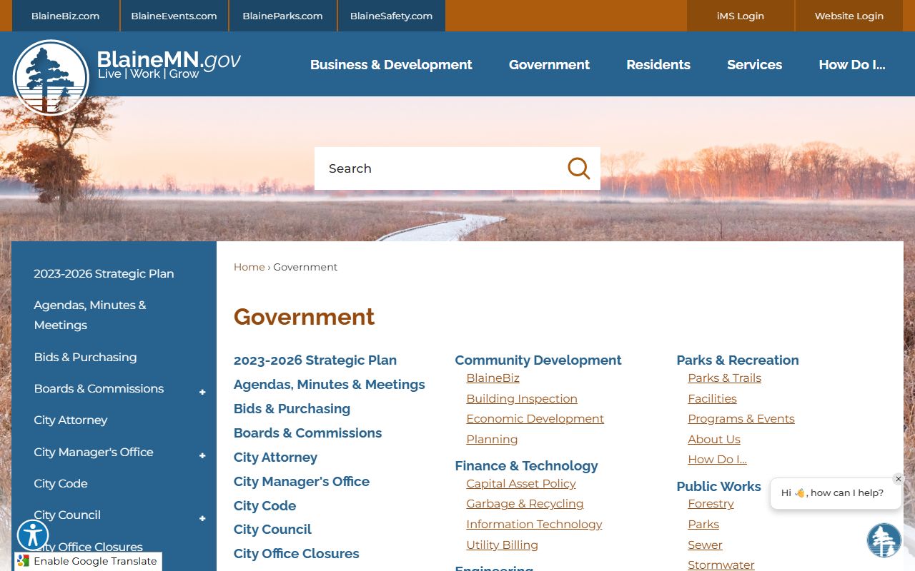 Blaine government page for residents directory and public services