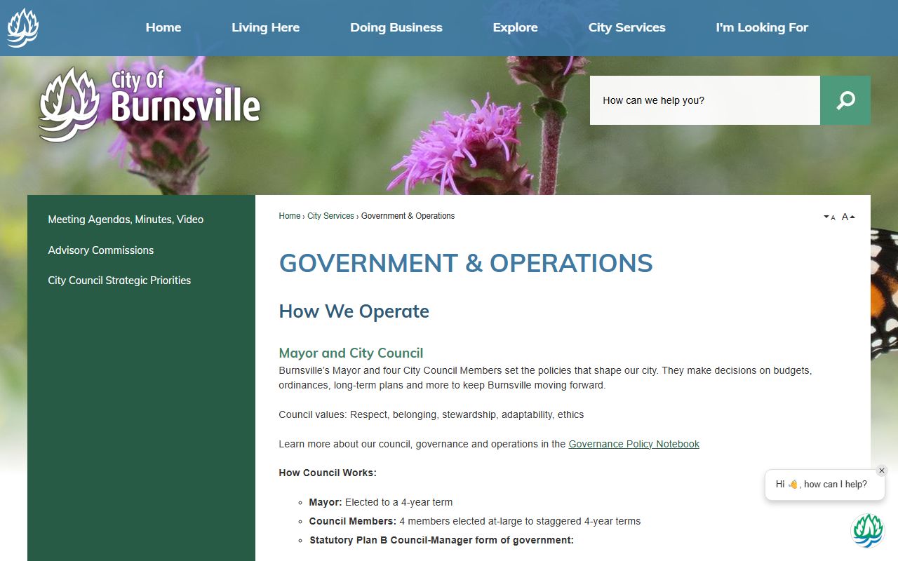 Burnsville government page for residents directory information