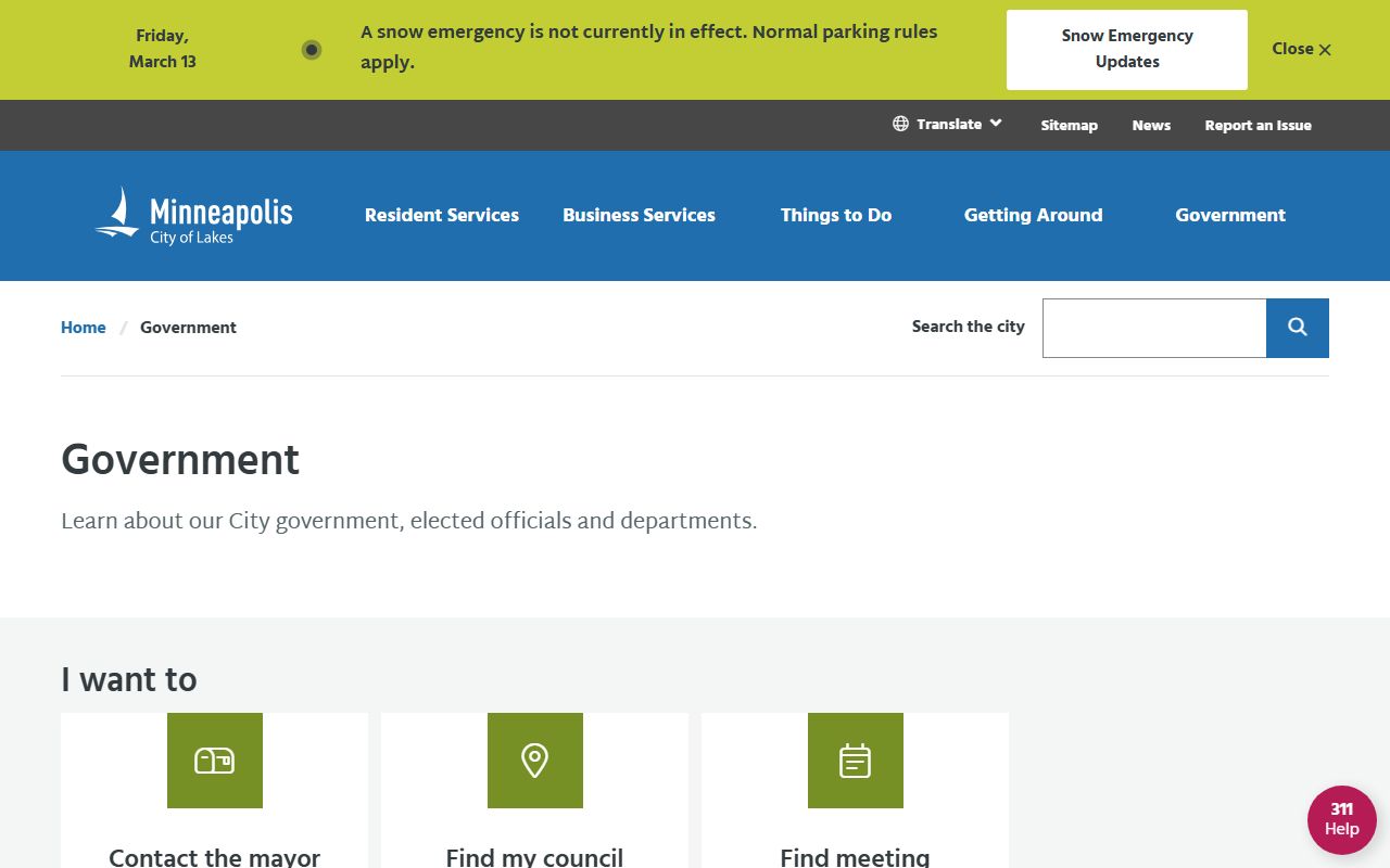 Minneapolis government services page for residents directory