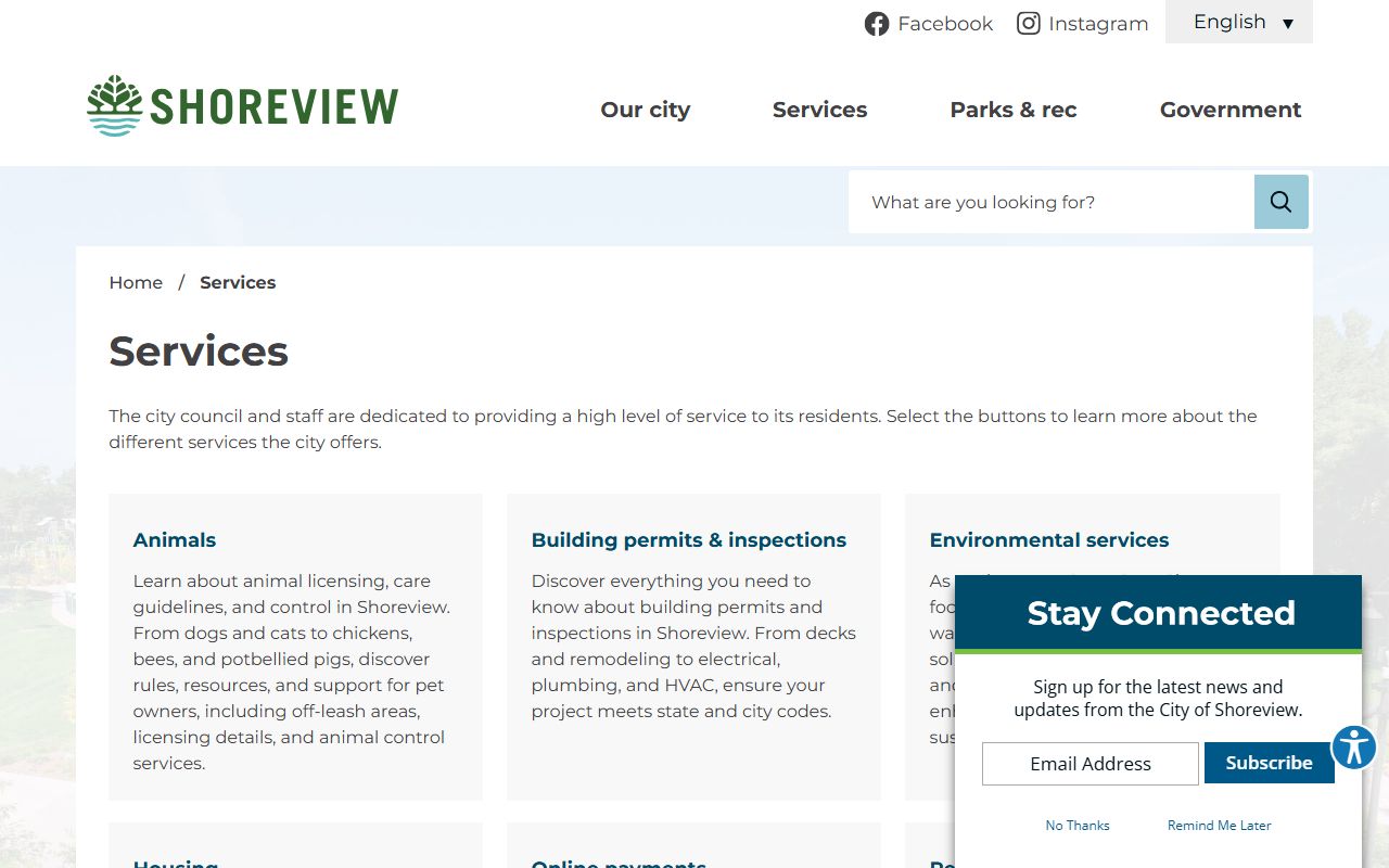 Shoreview services page for residents directory information