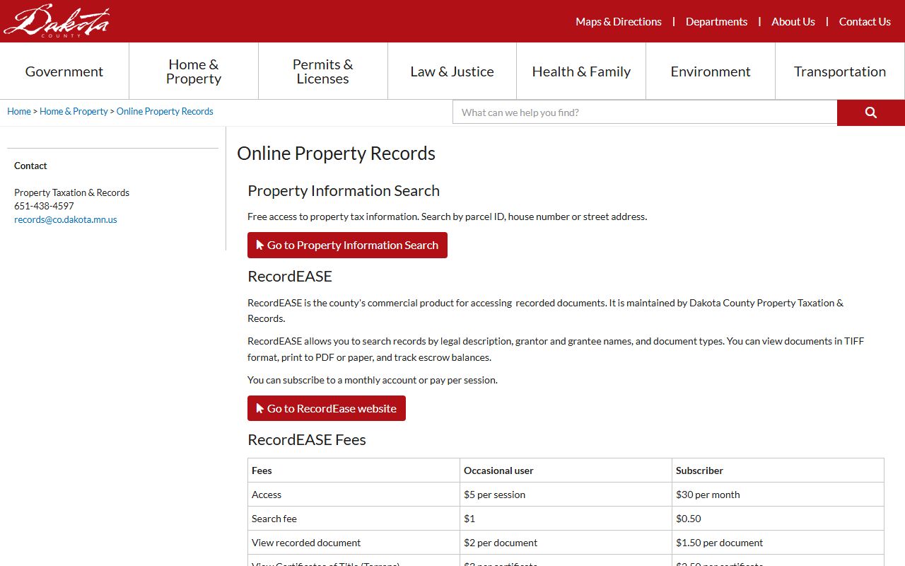 Dakota County property records search page for residents directory lookup