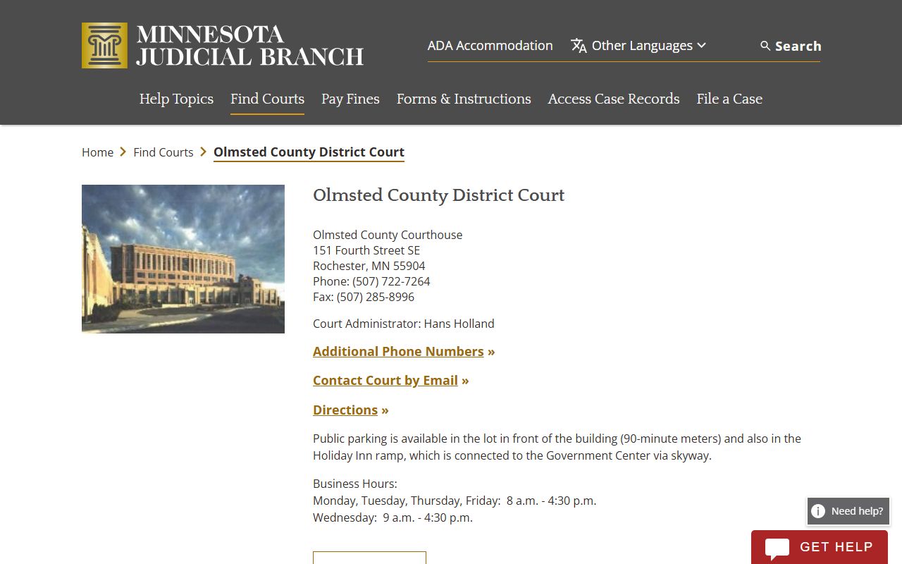 Olmsted County District Court page for residents directory