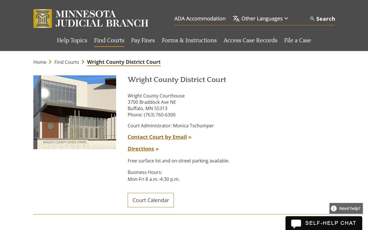 Wright County District Court page for residents directory search