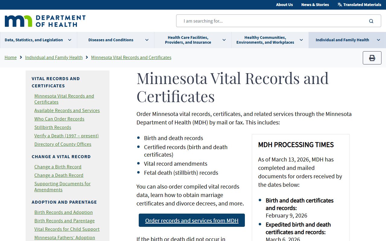 Minnesota Department of Health vital records for residents directory