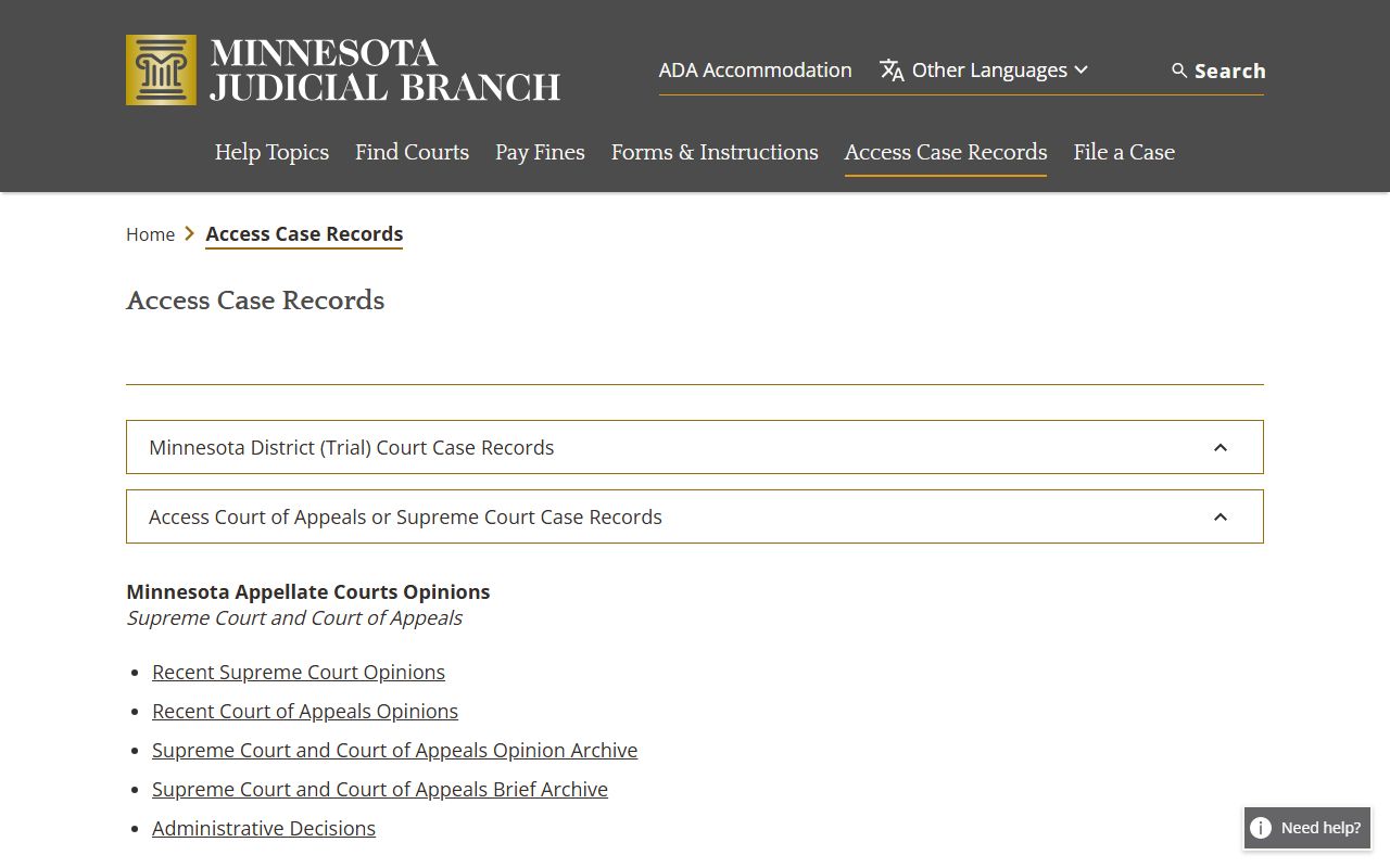 Minnesota Judicial Branch case records access for residents directory