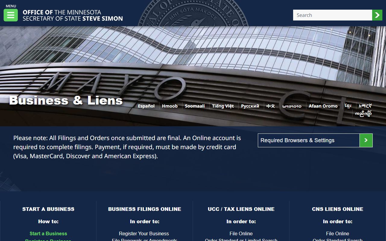 Minnesota Secretary of State business records for residents directory